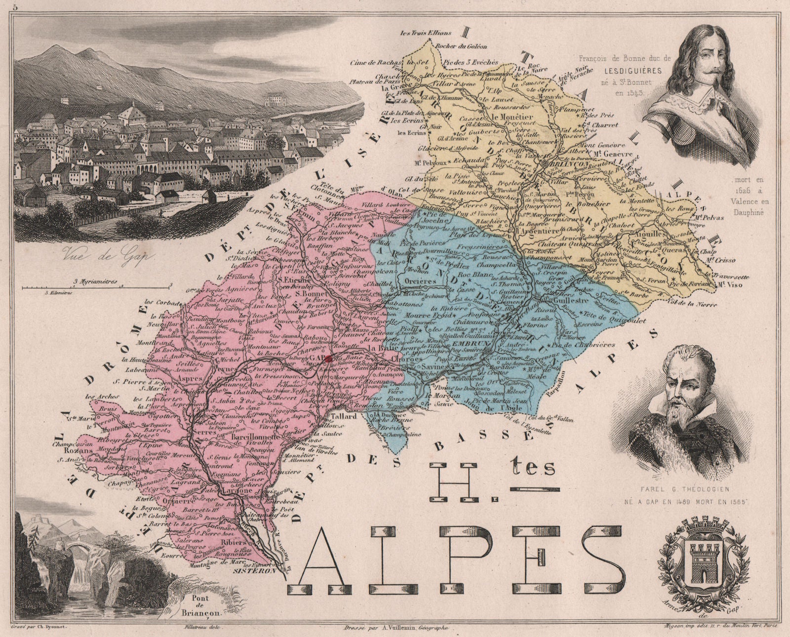 HAUTES-ALPES. Département. Gap. Farel. Lesdiguières. VUILLEMIN 1879 old map